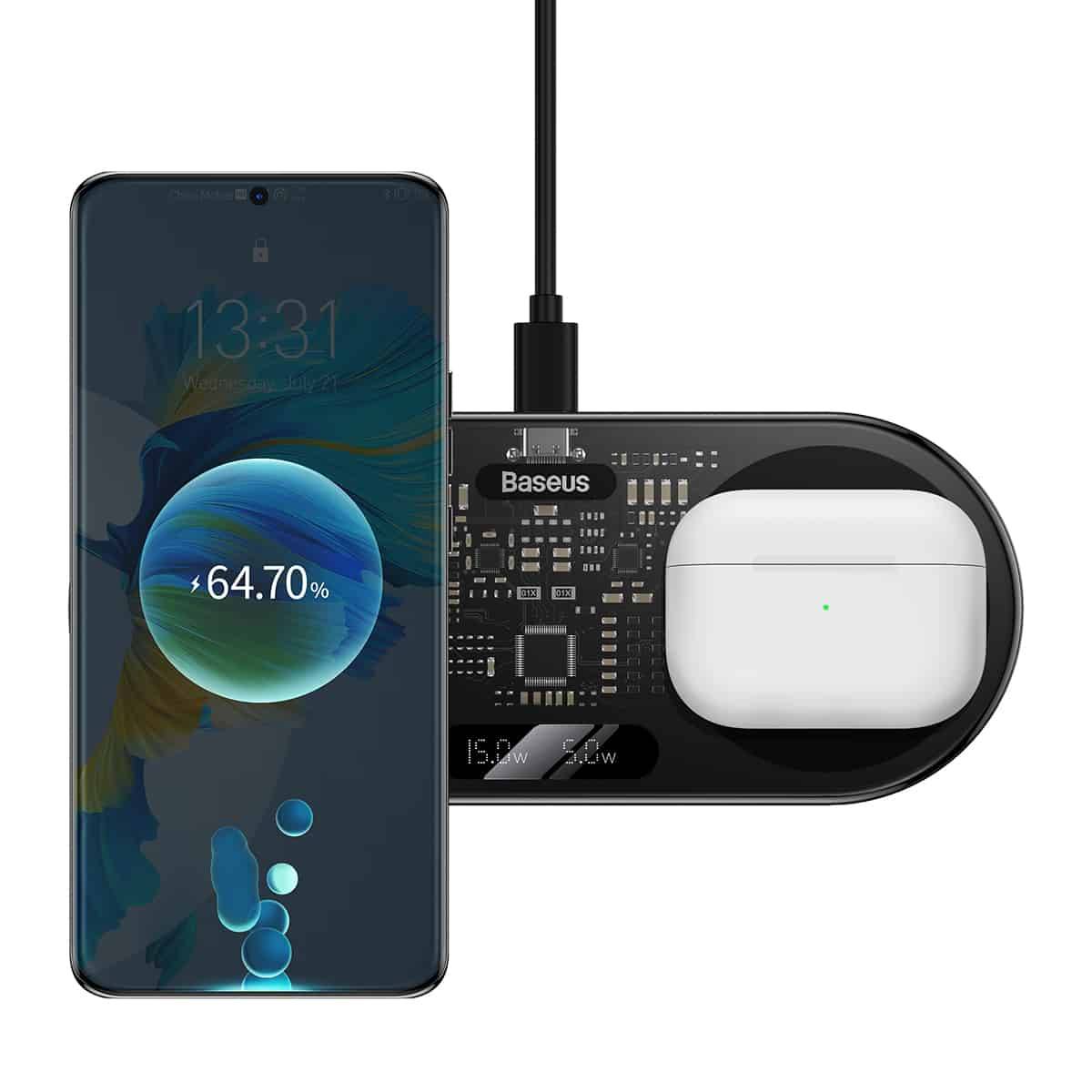 Carregador Baseus Wireless 2In1 20W Digital Led Display Black