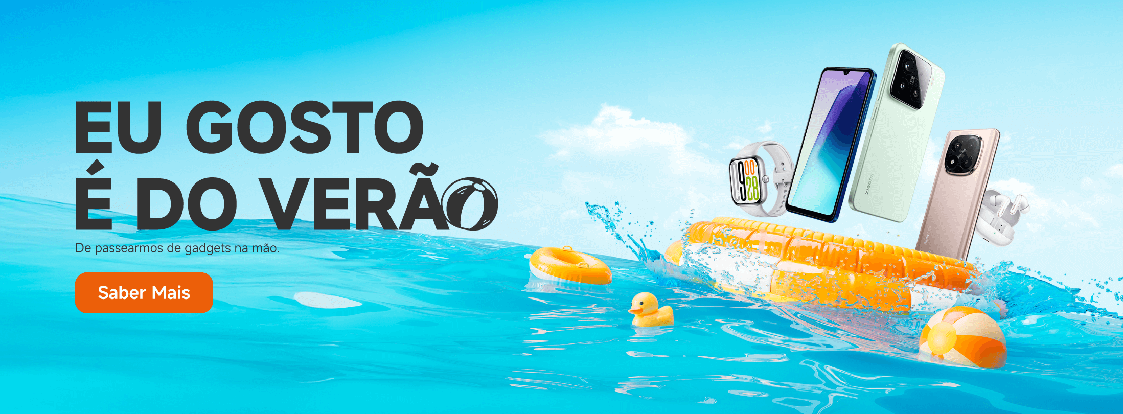 Campanha promocional de verão da Xiaomi Store com ambiente praia e mar
