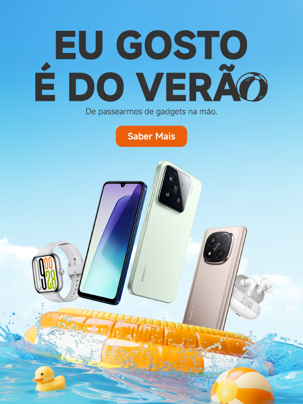 Campanha promocional de verão da Xiaomi Store com ambiente praia e mar
