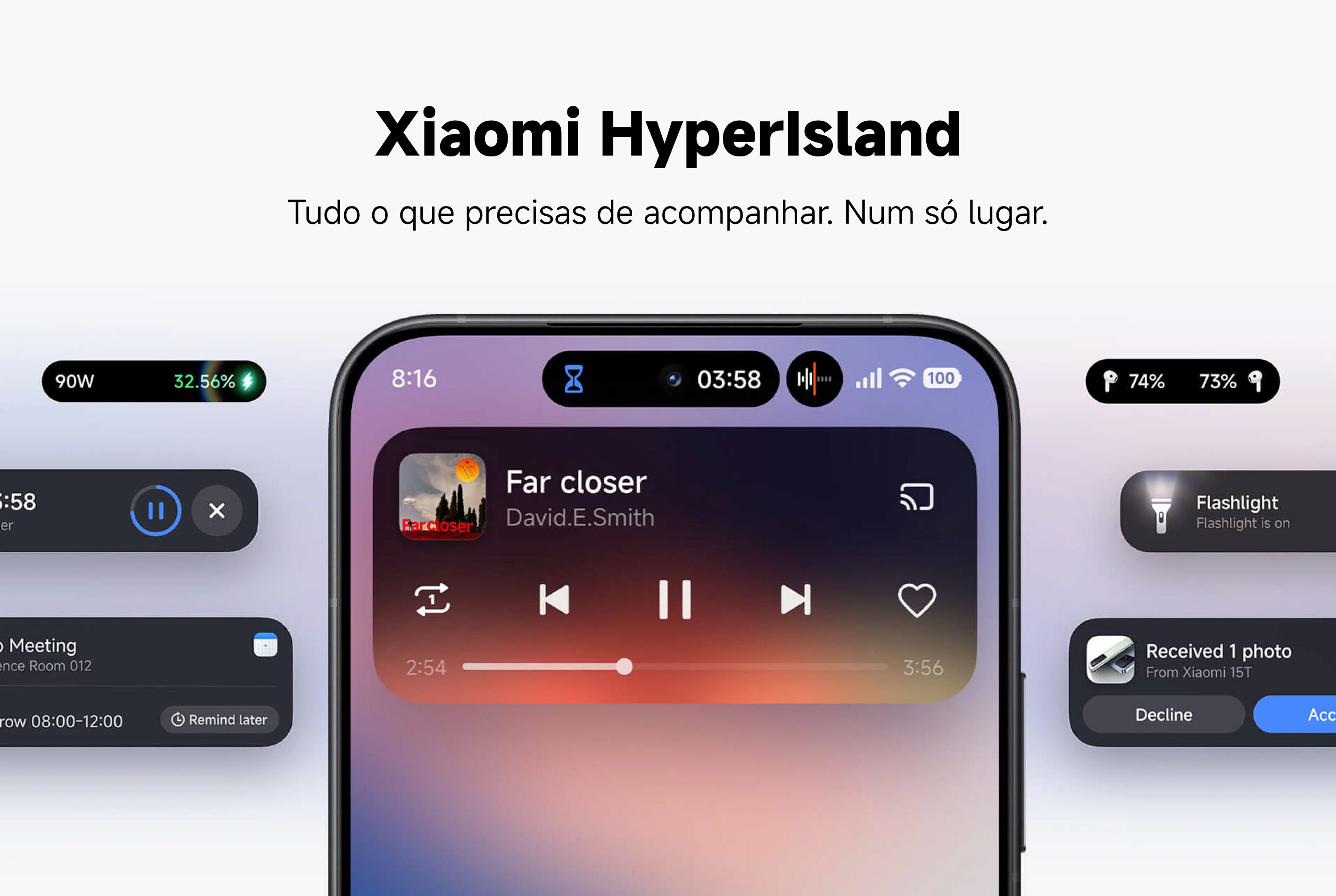 Diversas telas de dispositivos Xiaomi com diferentes estilos de relógio e wallpapers