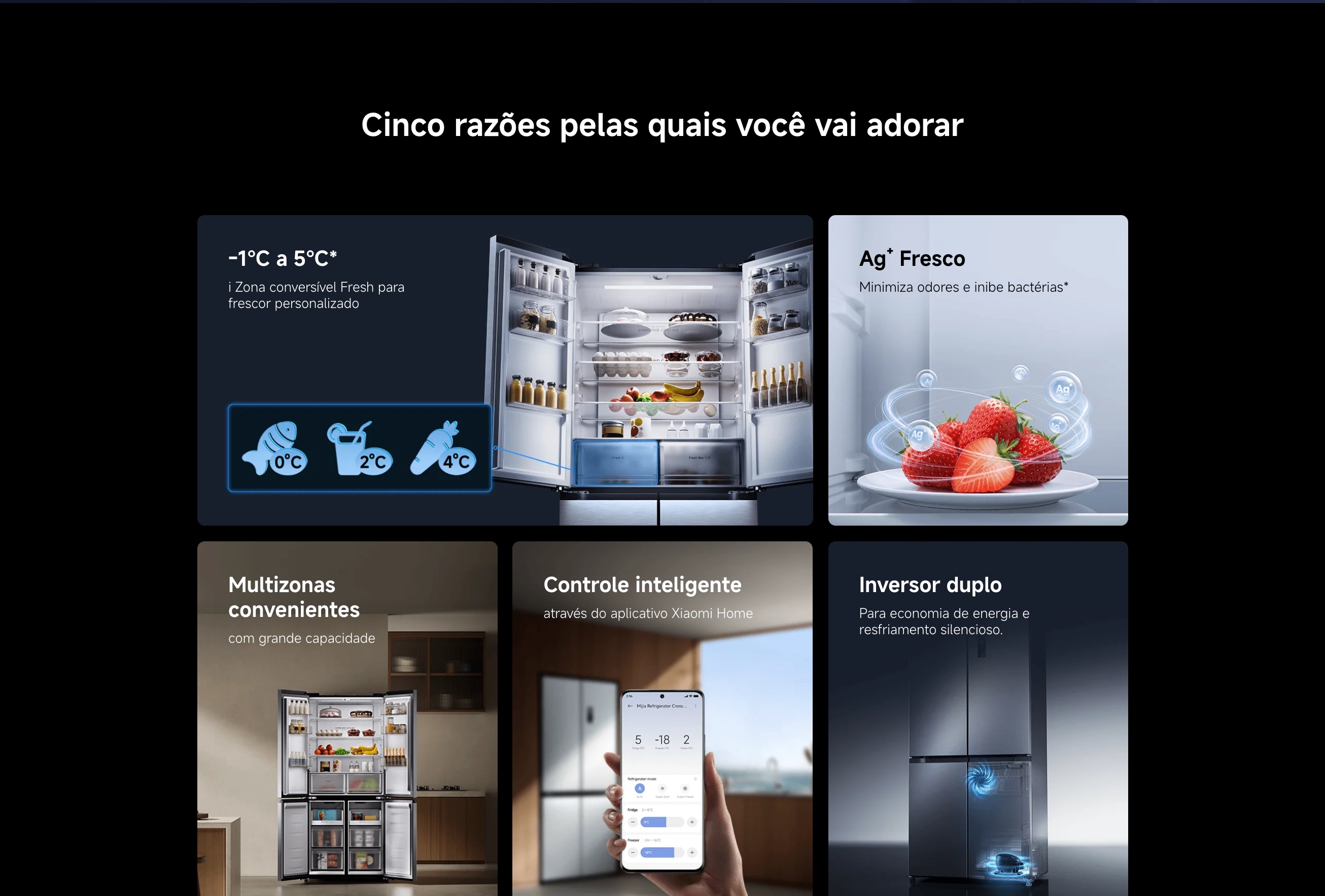Zona conversível i Fresh do frigorífico Xiaomi, ajustável entre -1 °C e 5 °C para diferentes necessidades de conservação de alimentos.
