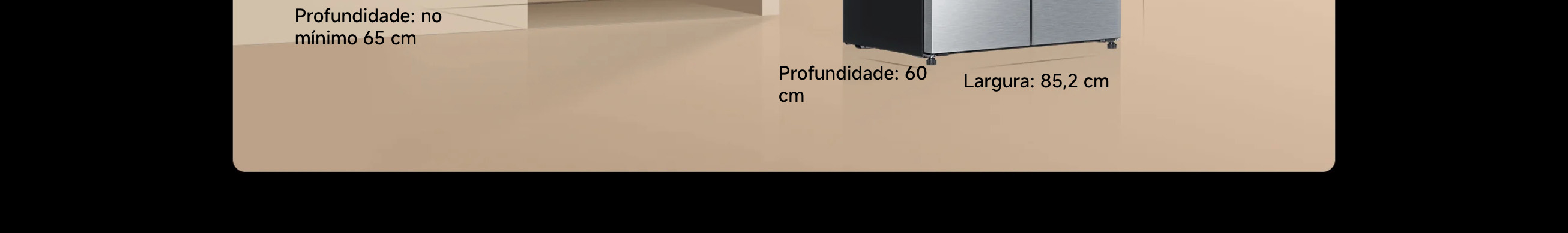 Dimensões do frigorífico Xiaomi com indicação de altura, largura e espaço mínimo recomendado para instalação.