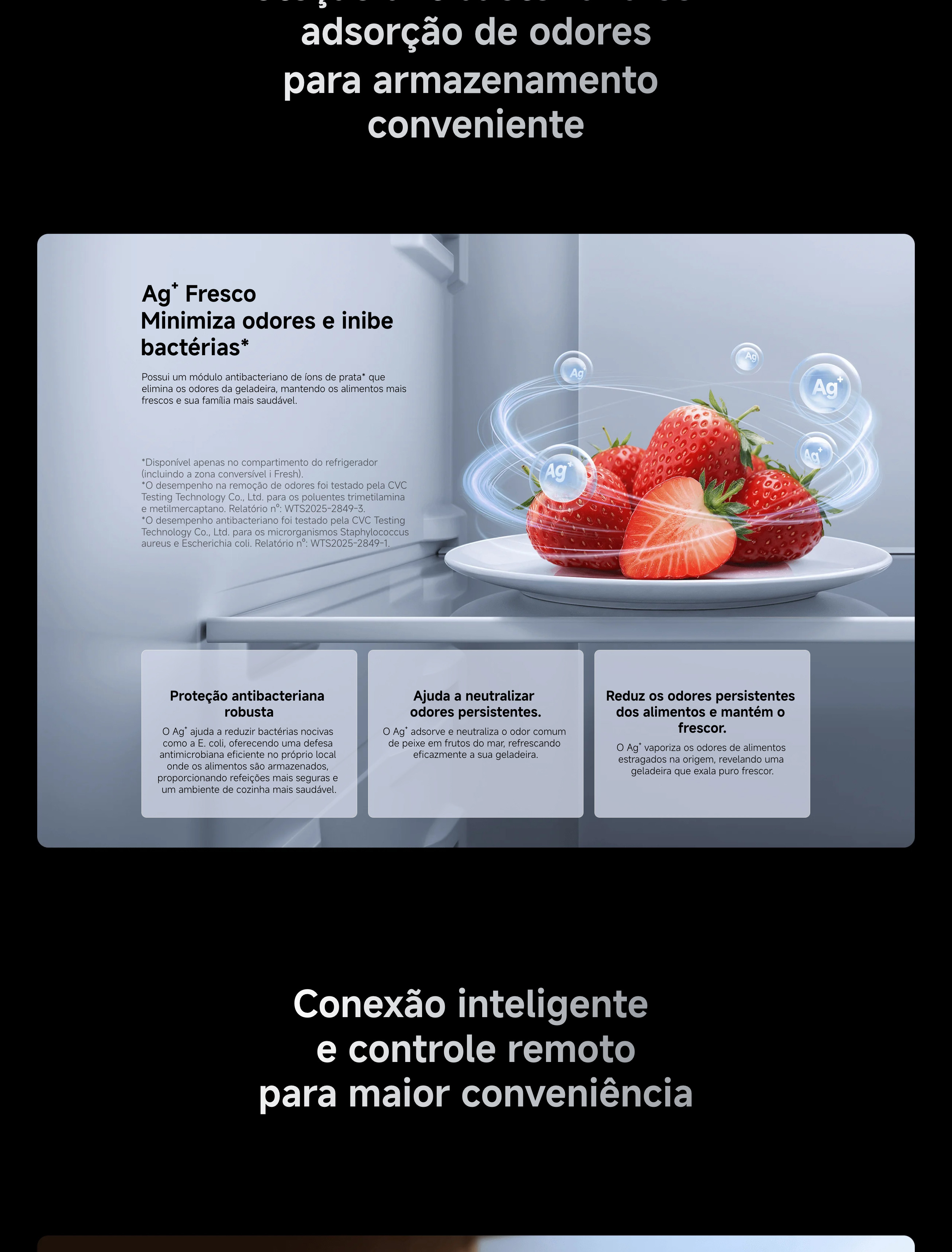 Tecnologia Ag+ Fresh no interior do frigorífico Xiaomi, com proteção antibacteriana e redução de odores para manter os alimentos frescos.