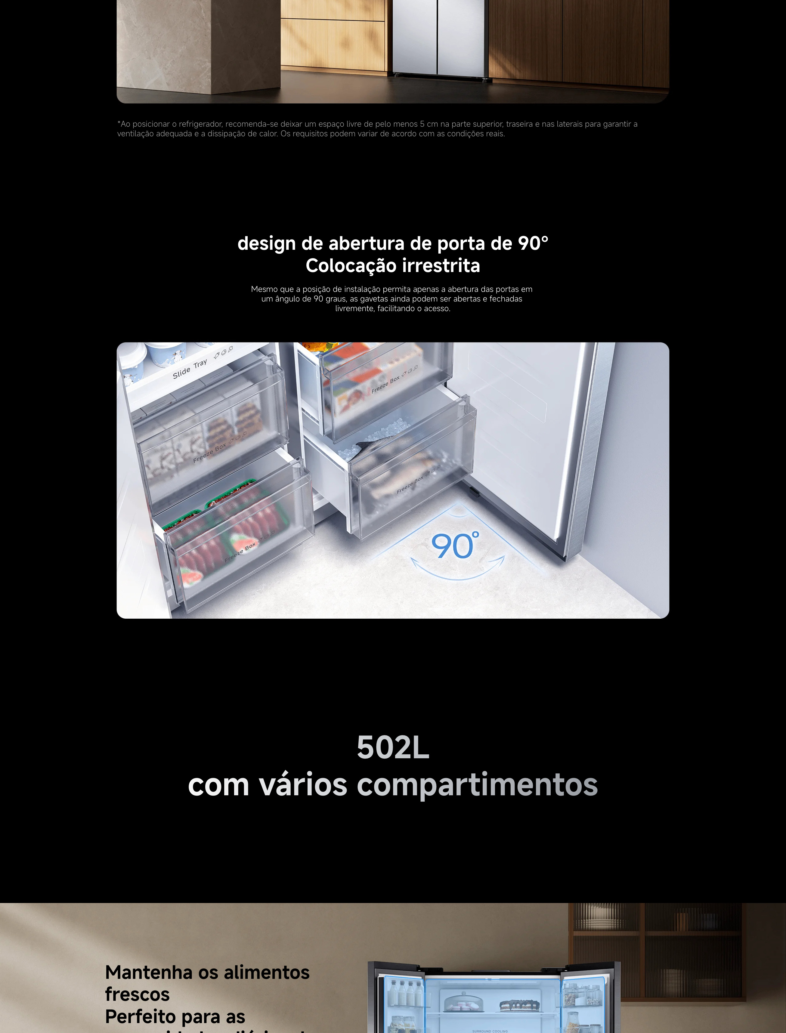 Três modos rápidos do frigorífico Xiaomi: modo automático, super arrefecimento e super congelação.