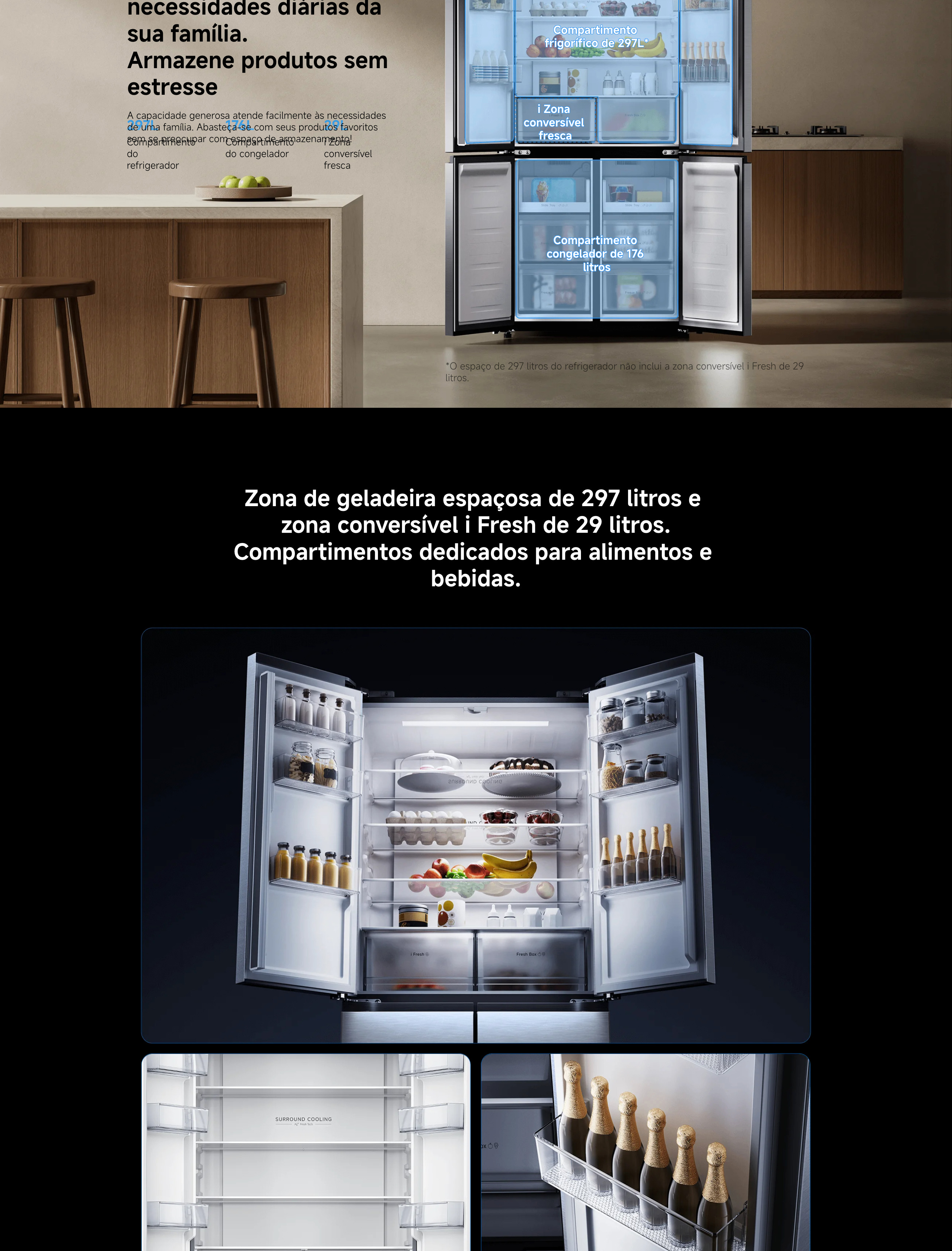 Frigorífico Xiaomi de design premium com acabamento de textura pétrea, integrado numa cozinha moderna.