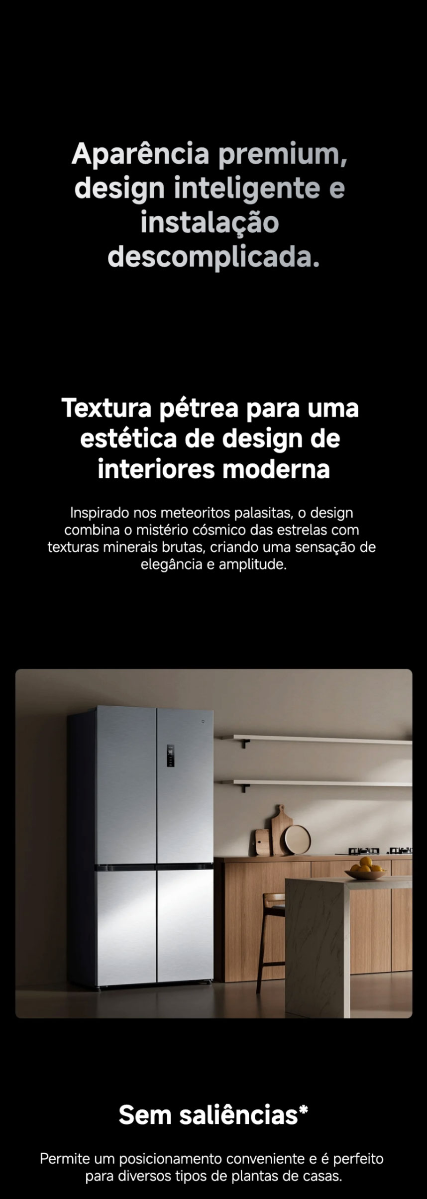 Frigorífico Xiaomi de design premium com acabamento de textura pétrea, integrado numa cozinha moderna.