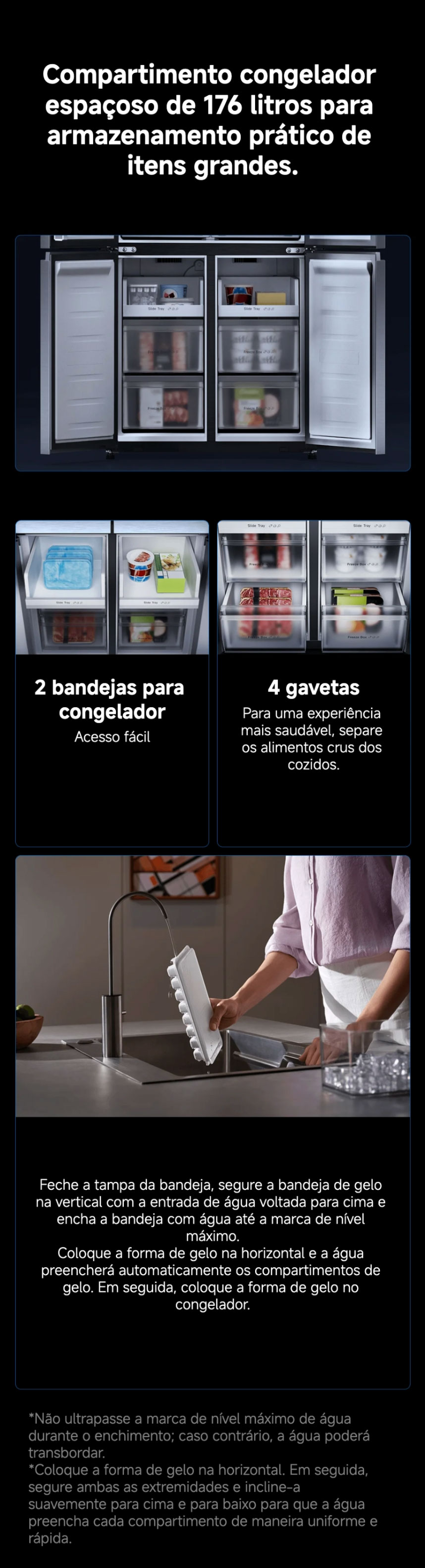 Dimensões do frigorífico Xiaomi com indicação de altura, largura e espaço mínimo recomendado para instalação.