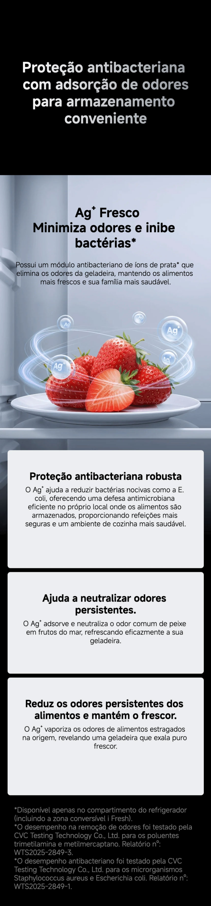 Tecnologia Ag+ Fresh no interior do frigorífico Xiaomi, com proteção antibacteriana e redução de odores para manter os alimentos frescos.