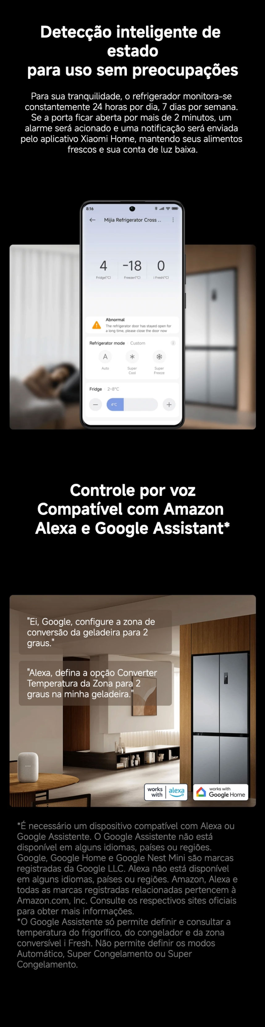 Controlo remoto do frigorífico Xiaomi através da aplicação Xiaomi Home, com ajuste de temperatura e modos de funcionamento.