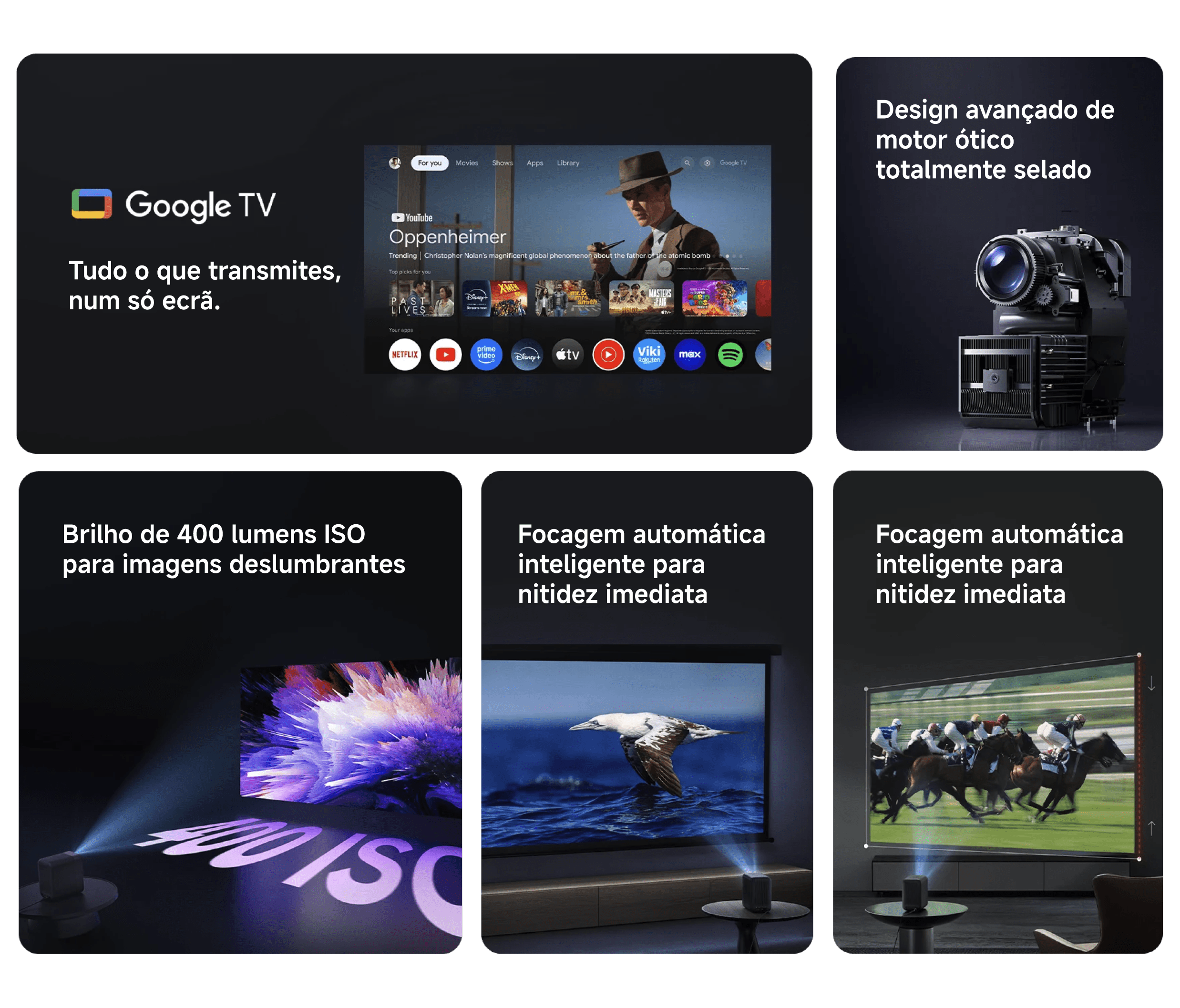 Projetor inteligente com Google TV, foco automático, brilho de 400 lumens e motor ótico selado.