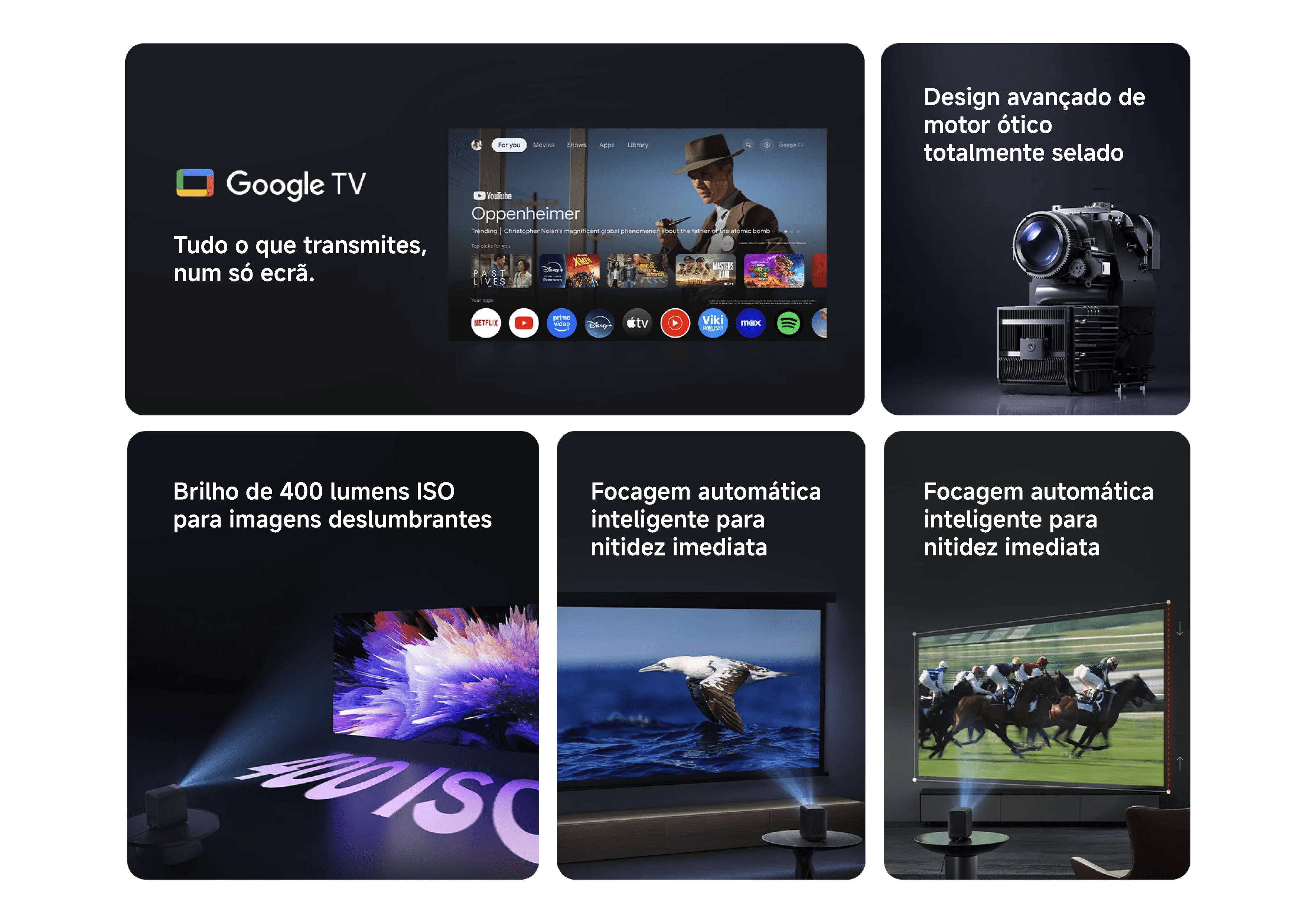 Projetor inteligente com Google TV, foco automático, brilho de 400 lumens e motor ótico selado.