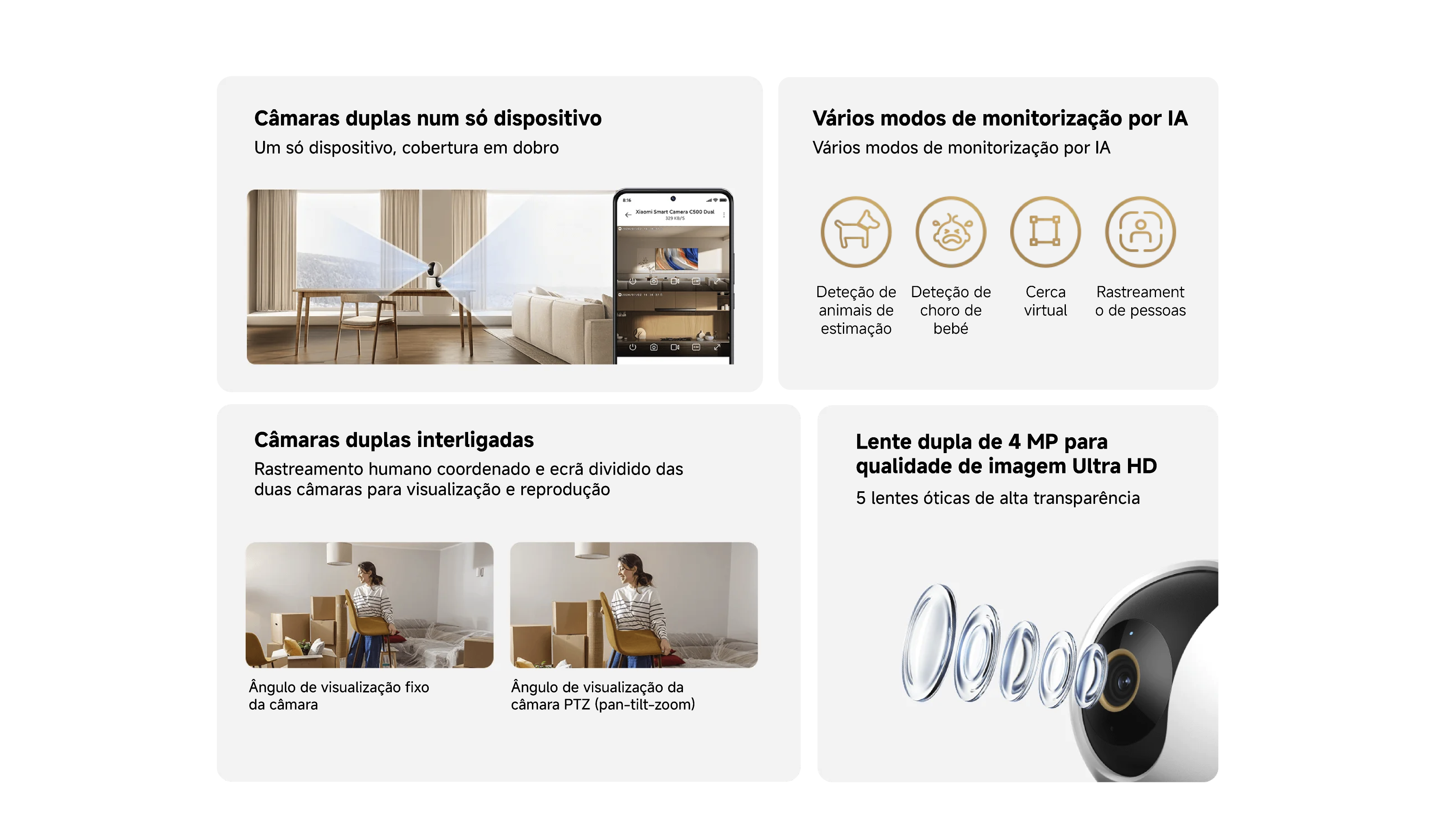 Câmara inteligente Xiaomi C500 Dual com câmaras duplas, rastreamento por IA, deteção de animais, bebés e pessoas, lente dupla de 4 MP Ultra HD e visualização coordenada em ecrã dividido.