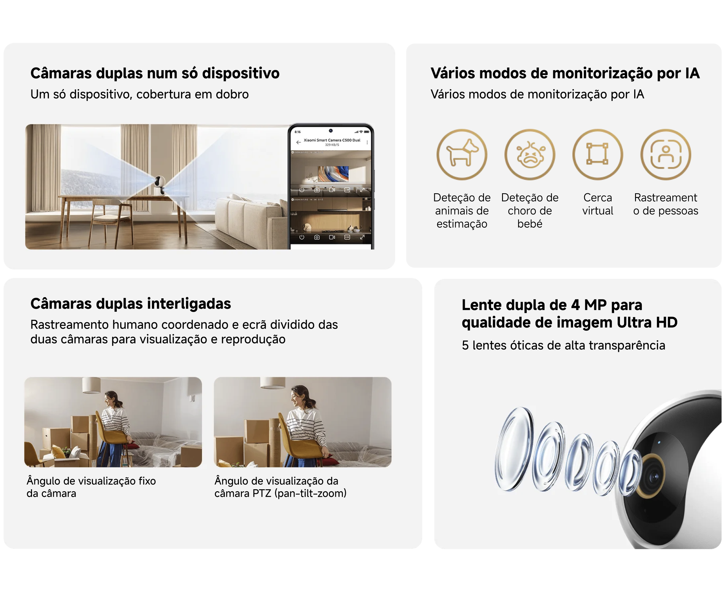 Câmara inteligente Xiaomi C500 Dual com câmaras duplas, rastreamento por IA, deteção de animais, bebés e pessoas, lente dupla de 4 MP Ultra HD e visualização coordenada em ecrã dividido.
