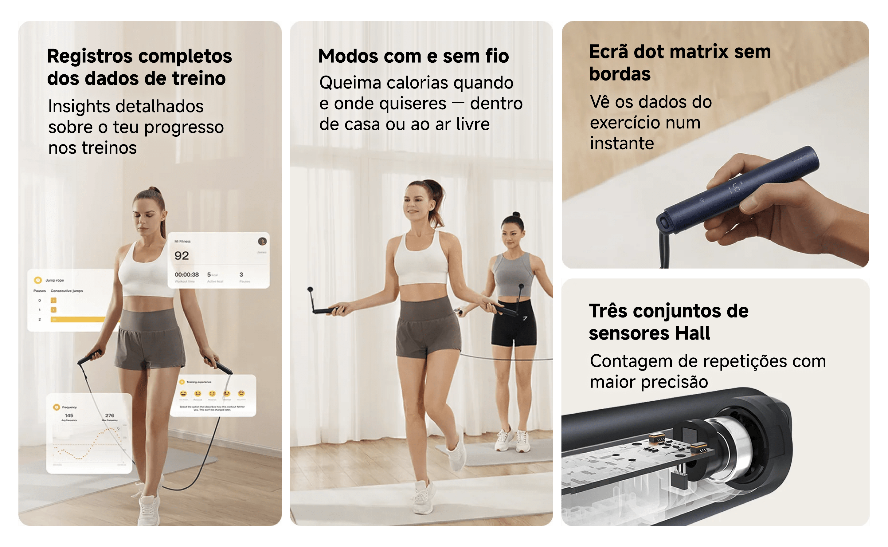 Corda de saltar inteligente com sensores, modos com e sem fio, visor e registo de treinos.
