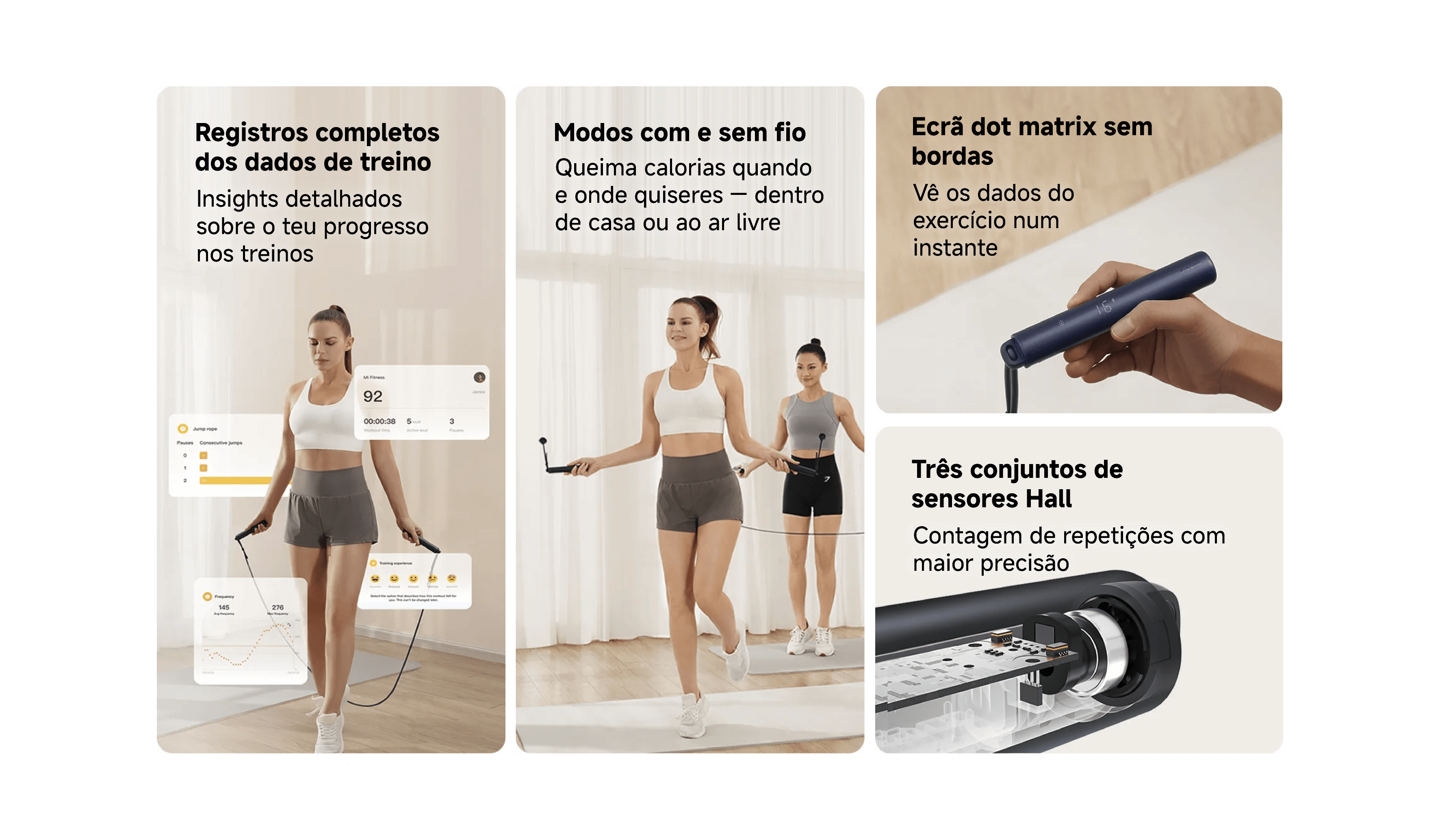 Corda de saltar inteligente com sensores, modos com e sem fio, visor e registo de treinos.